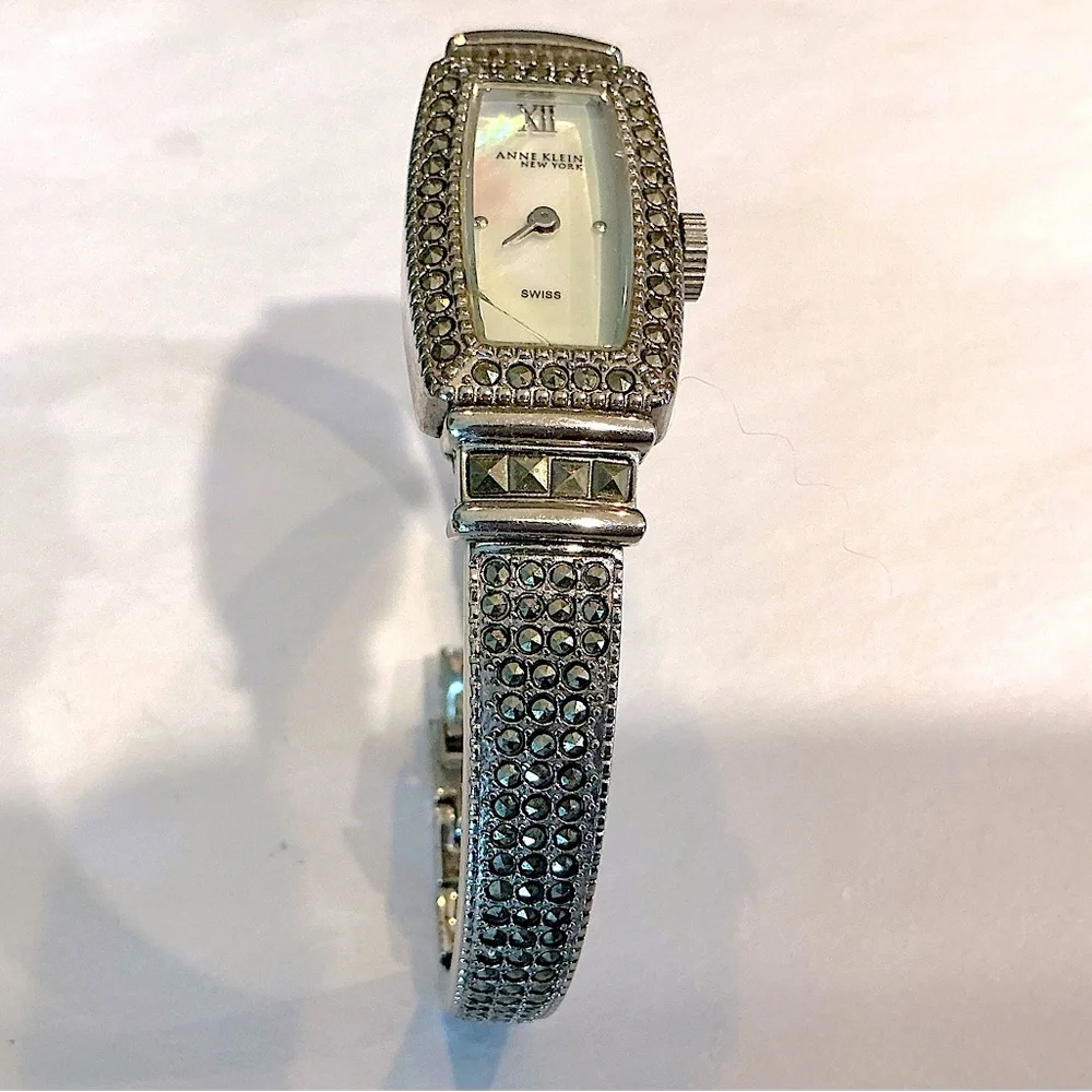 Vintage Anne Klein Marcasite Bracelet Watch Mother of Pearl